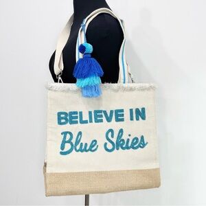 America & Beyond Believe In Blue Skies Cream Sparkle, Jute, Beaded Tassel Tote